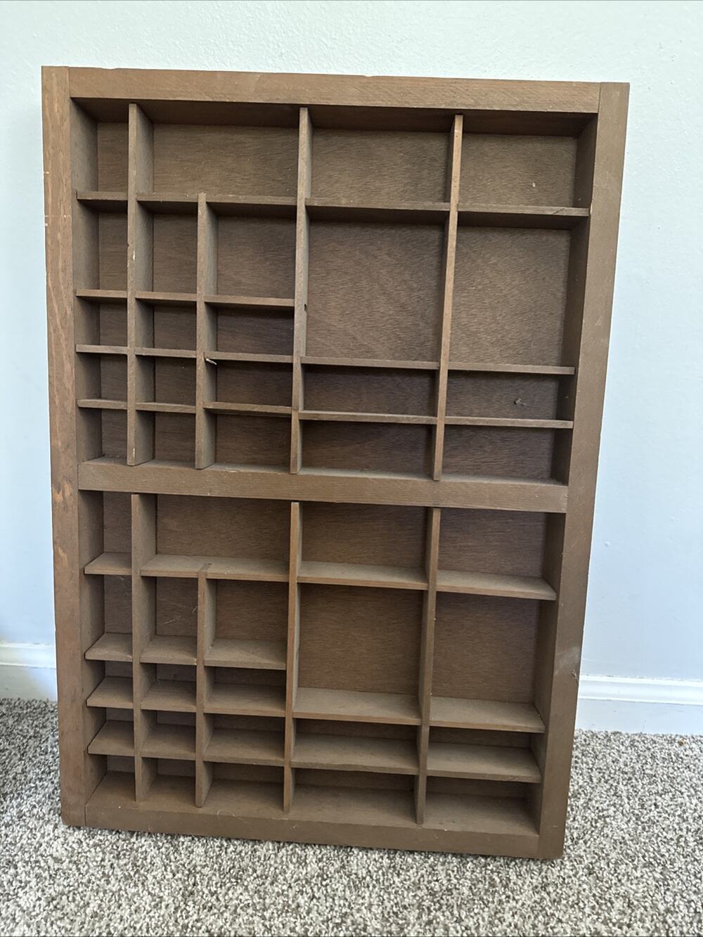 Vintage Wood Trinket Wall Shelf Printer Tray Shadow Box 44 Cubbies 15.25 x21.75